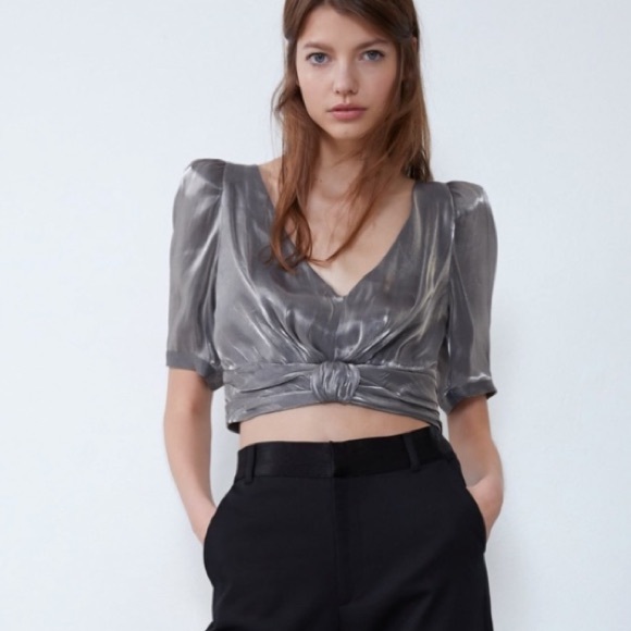 Zara | Tops | Zara Silver Dust Metallic Short Sleeve Crop Top | Poshmark